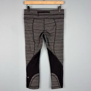 Lululemon Inspire 22" Crop Mesh Leggings‎ Zip Black Gray Striped Women's Size 8